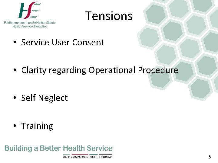 Tensions • Service User Consent • Clarity regarding Operational Procedure • Self Neglect •