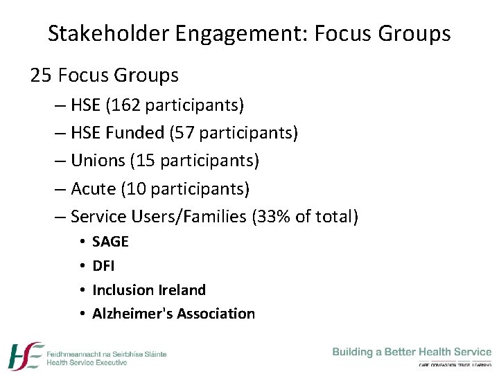 Stakeholder Engagement: Focus Groups 25 Focus Groups – HSE (162 participants) – HSE Funded