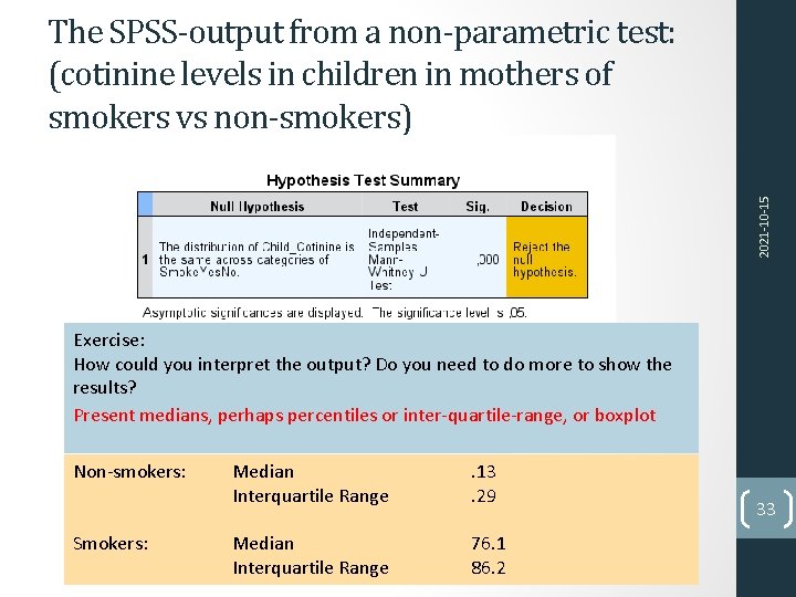 2021 -10 -15 The SPSS-output from a non-parametric test: (cotinine levels in children in