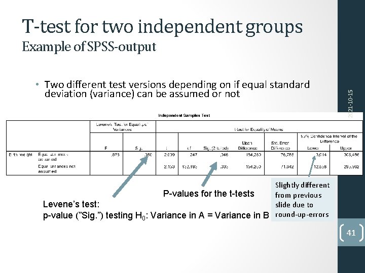 T-test for two independent groups • Two different test versions depending on if equal