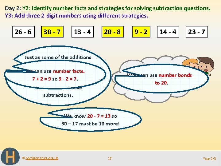 Day 2: Y 2: Identify number facts and strategies for solving subtraction questions. Y
