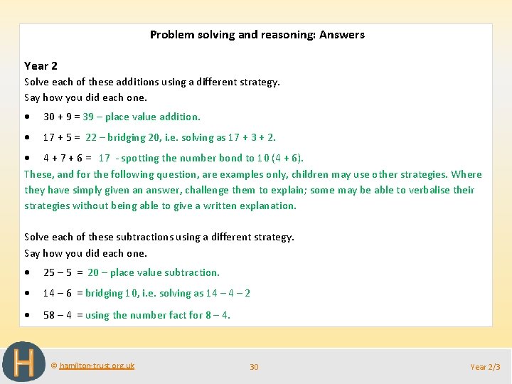 Problem solving and reasoning: Answers Year 2 Solve each of these additions using a