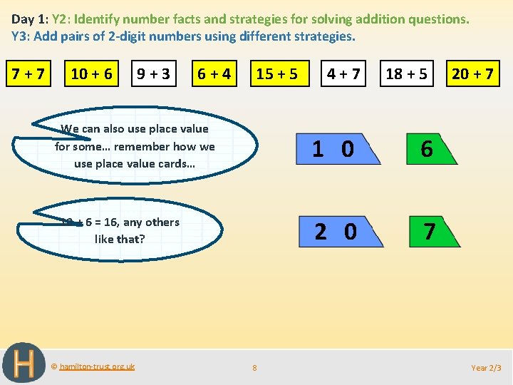 Day 1: Y 2: Identify number facts and strategies for solving addition questions. Y