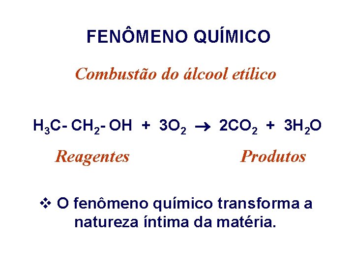 FENÔMENO QUÍMICO Combustão do álcool etílico H 3 C- CH 2 - OH +