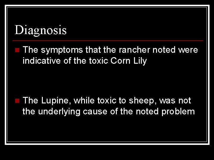 Diagnosis n The symptoms that the rancher noted were indicative of the toxic Corn