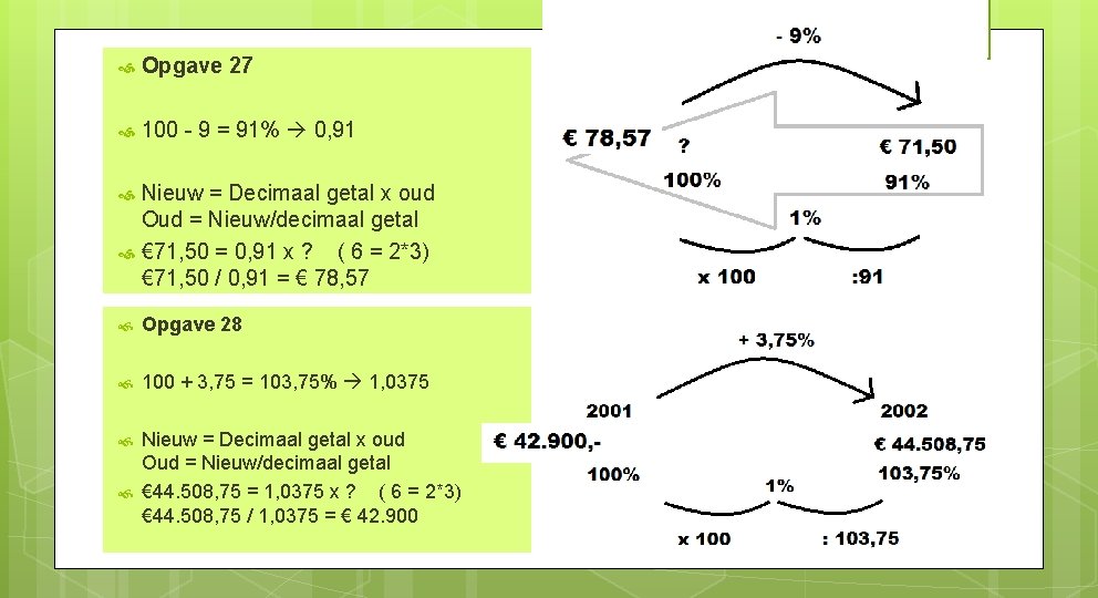  Opgave 27 100 - 9 = 91% 0, 91 Nieuw = Decimaal getal