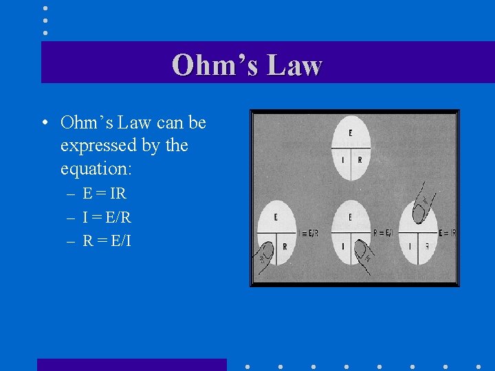 Ohm’s Law • Ohm’s Law can be expressed by the equation: – E =