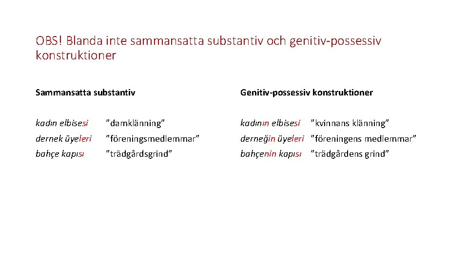 OBS! Blanda inte sammansatta substantiv och genitiv-possessiv konstruktioner Sammansatta substantiv Genitiv-possessiv konstruktioner kadın elbisesi