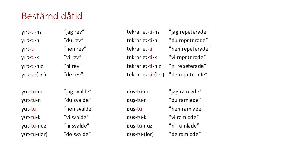 Bestämd dåtid yırt-tı-m yırt-tı-n yırt-tı-k yırt-tı-nız yırt-tı-(lar) ”jag rev” ”du rev” ”hen rev” ”vi