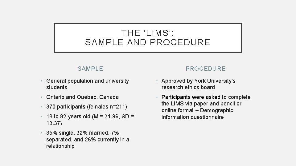 THE ‘LIMS’: SAMPLE AND PROCEDURE SAMPLE PROCEDURE • General population and university students •