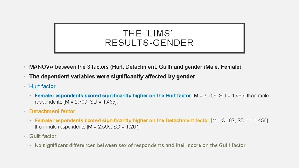 THE ‘LIMS’: RESULTS-GENDER • MANOVA between the 3 factors (Hurt, Detachment, Guilt) and gender