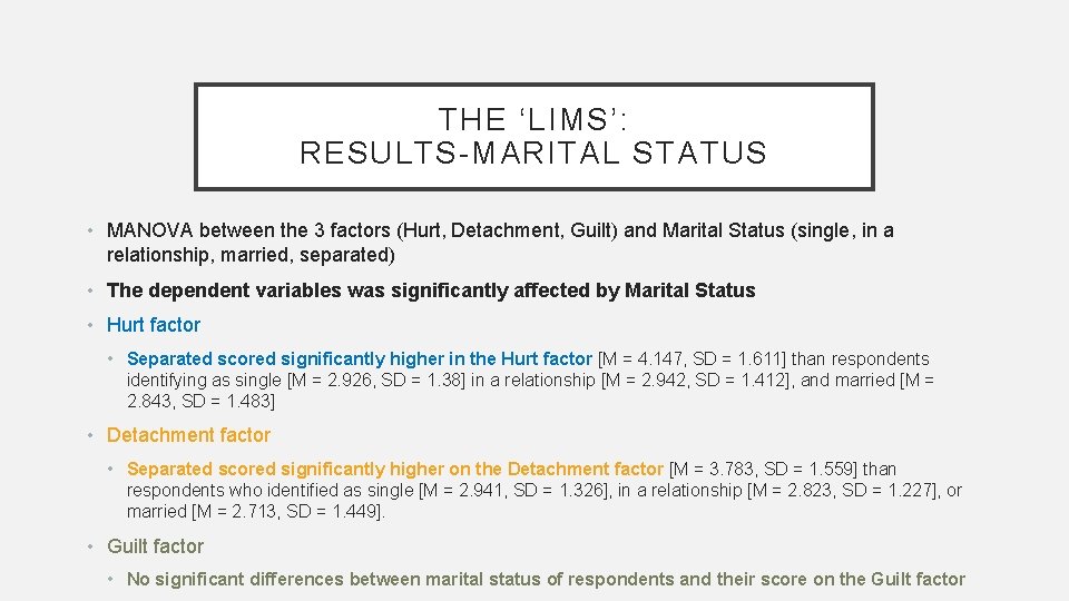 THE ‘LIMS’: RESULTS-MARITAL STATUS • MANOVA between the 3 factors (Hurt, Detachment, Guilt) and