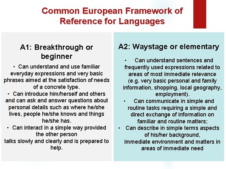 Common European Framework of Reference for Languages A 1: Breakthrough or beginner • Can