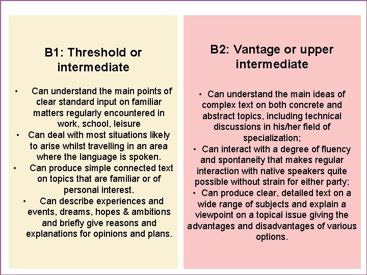 B 1: Threshold or intermediate B 2: Vantage or upper intermediate Can understand the