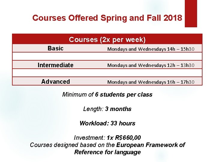 Courses Offered Spring and Fall 2018 Courses (2 x per week) Basic Mondays and