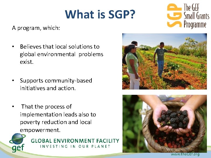 What is SGP? A program, which: • Believes that local solutions to global environmental