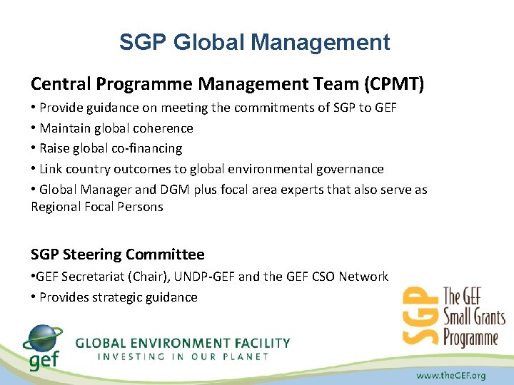 SGP Global Management Central Programme Management Team (CPMT) • Provide guidance on meeting the