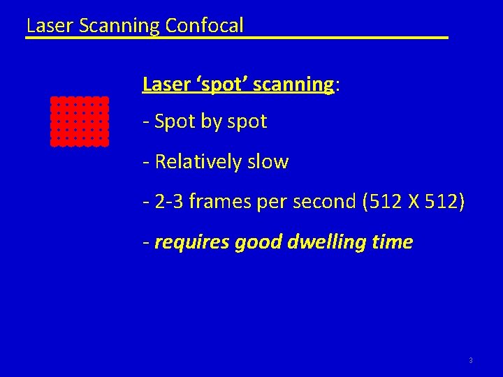 Laser Scanning Confocal Laser ‘spot’ scanning: - Spot by spot - Relatively slow -