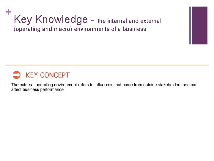 + Key Knowledge - the internal and external (operating and macro) environments of a