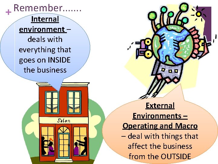 Remember. . . . + Internal environment – deals with everything that goes on