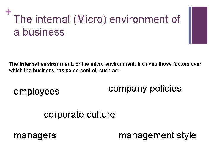 + The internal (Micro) environment of a business The internal environment, or the micro