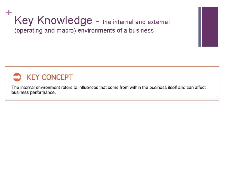 + Key Knowledge - the internal and external (operating and macro) environments of a