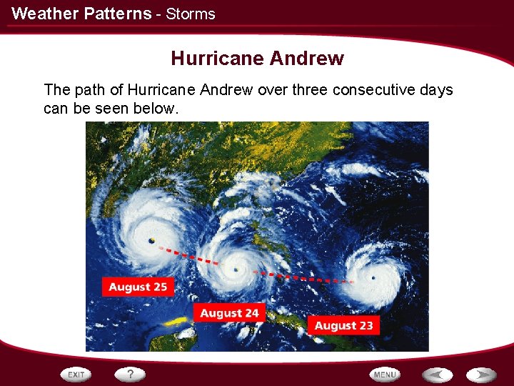 Weather Patterns - Storms Hurricane Andrew The path of Hurricane Andrew over three consecutive