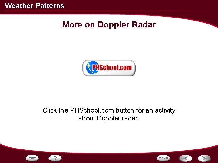 Weather Patterns More on Doppler Radar Click the PHSchool. com button for an activity