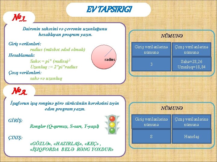 EV TAPSIRIGI №_1_ Dairənin sahəsini və çevrənin uzunluğunu hesablayan proqram yazın. Giriş verilənləri: radius