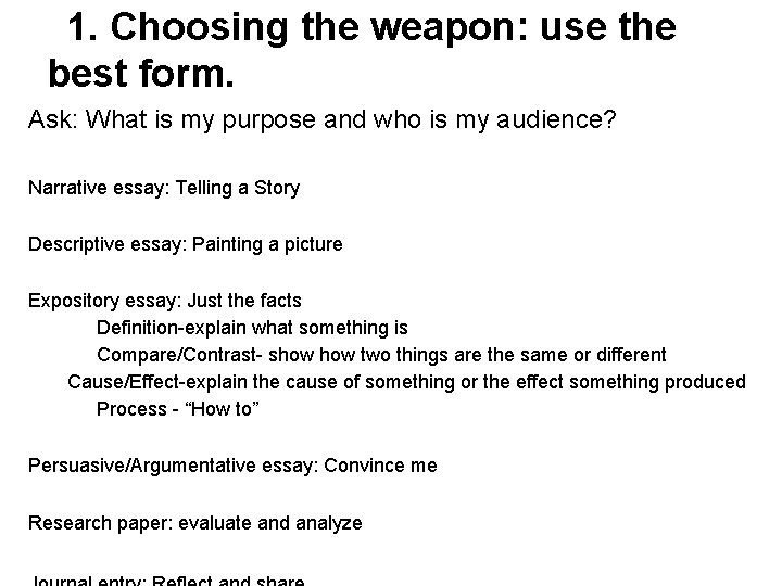 1. Choosing the weapon: use the best form. Ask: What is my purpose and