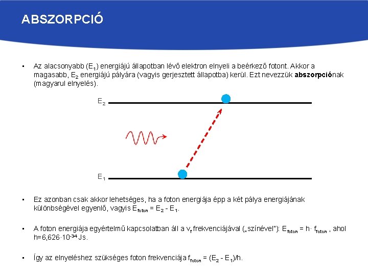 ABSZORPCIÓ • Az alacsonyabb (E 1) energiájú állapotban lévő elektron elnyeli a beérkező fotont.