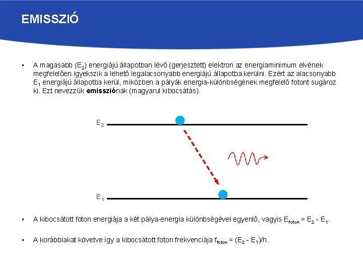 EMISSZIÓ • A magasabb (E 2) energiájú állapotban lévő (gerjesztett) elektron az energiaminimum elvének