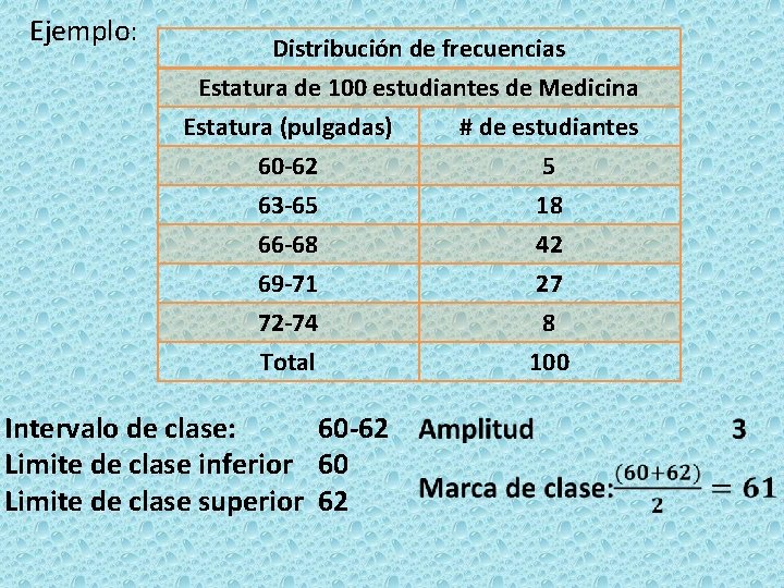Ejemplo: Distribución de frecuencias Estatura de 100 estudiantes de Medicina Estatura (pulgadas) # de