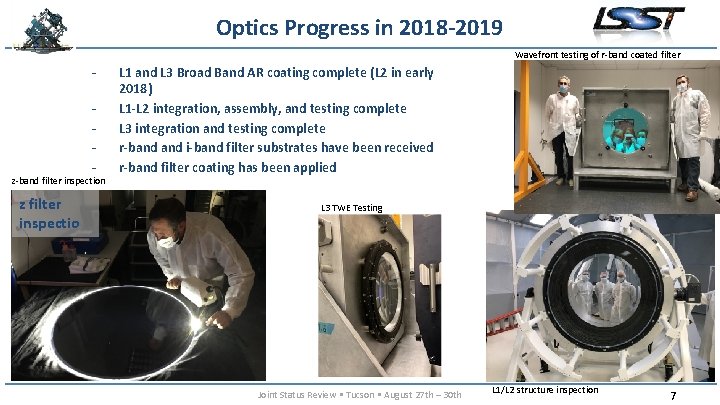 Optics Progress in 2018 -2019 Wavefront testing of r-band coated filter - z-band filter