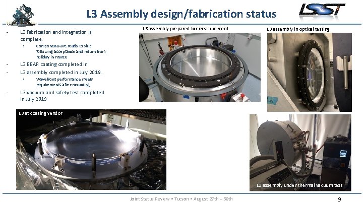 L 3 Assembly design/fabrication status - L 3 fabrication and integration is complete. •