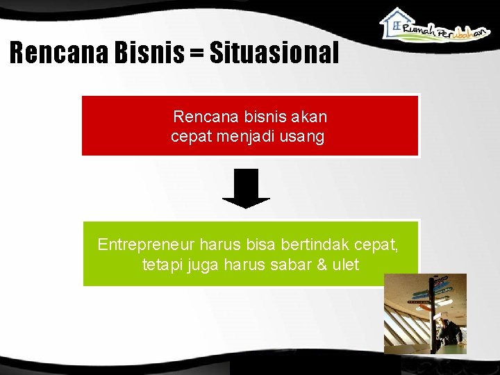 Rencana Bisnis = Situasional Rencana bisnis akan cepat menjadi usang Entrepreneur harus bisa bertindak