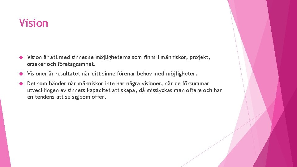 Vision är att med sinnet se möjligheterna som finns i människor, projekt, orsaker och