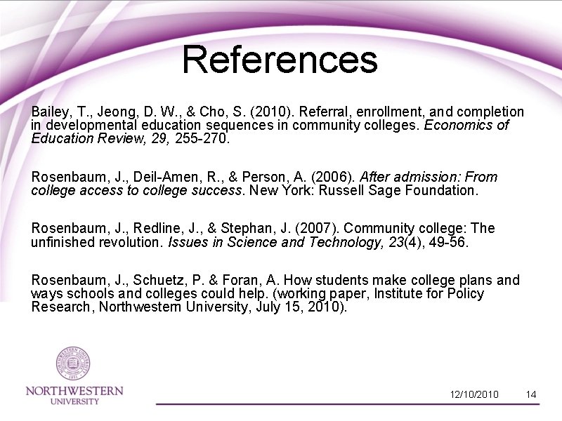 References Bailey, T. , Jeong, D. W. , & Cho, S. (2010). Referral, enrollment,