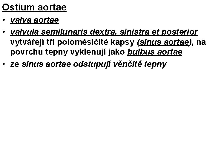 Ostium aortae • valva aortae • valvula semilunaris dextra, sinistra et posterior vytvářejí tři