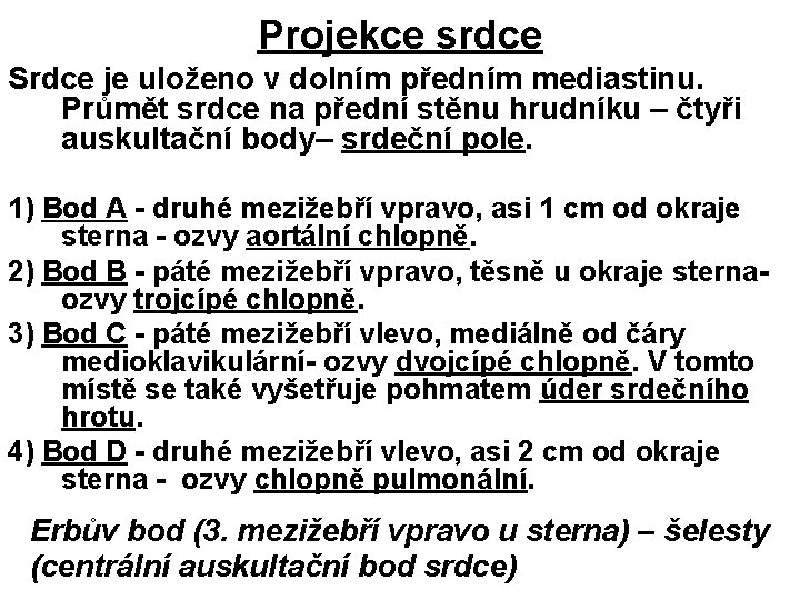 Projekce srdce Srdce je uloženo v dolním předním mediastinu. Průmět srdce na přední stěnu