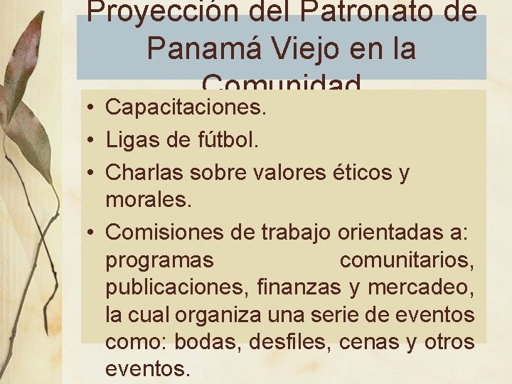 Proyección del Patronato de Panamá Viejo en la Comunidad • Capacitaciones. • Ligas de