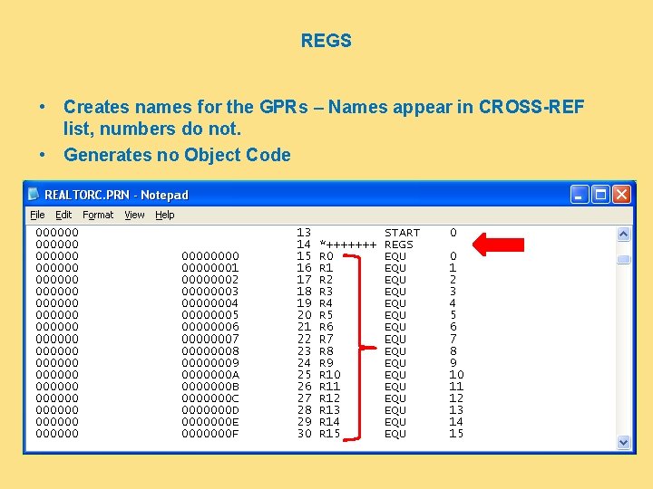 REGS • Creates names for the GPRs – Names appear in CROSS-REF list, numbers