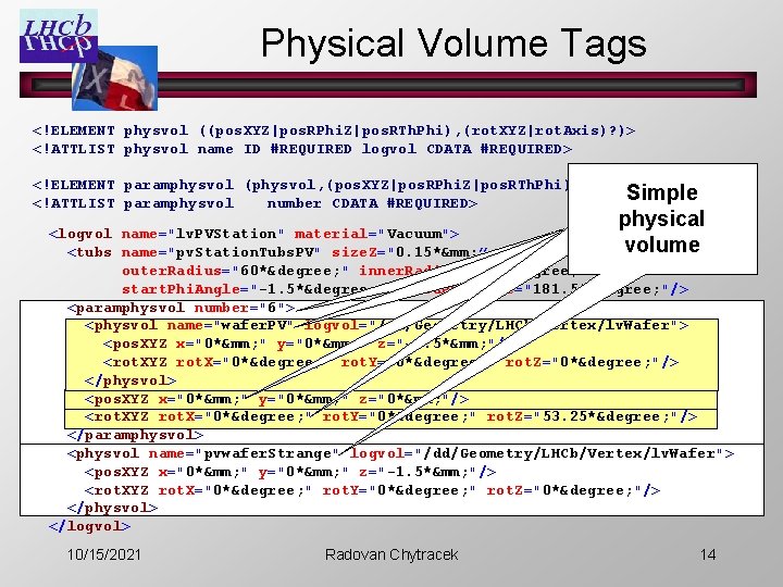 Physical Volume Tags <!ELEMENT physvol ((pos. XYZ|pos. RPhi. Z|pos. RTh. Phi), (rot. XYZ|rot. Axis)?