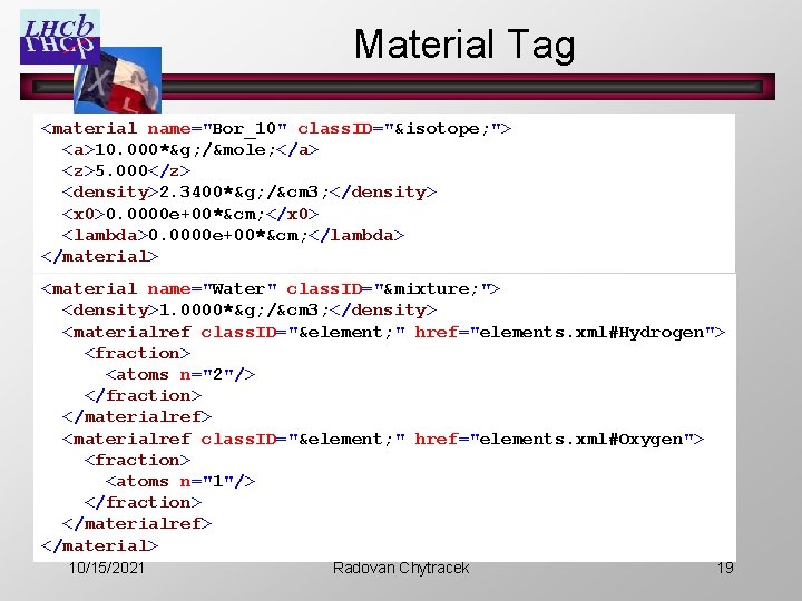 Material Tag <material name="Bor_10" class. ID="&isotope; "> <a>10. 000*&g; /&mole; </a> <z>5. 000</z> <density>2.