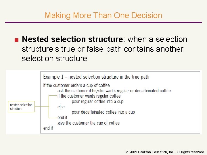 Making More Than One Decision ■ Nested selection structure: when a selection structure’s true