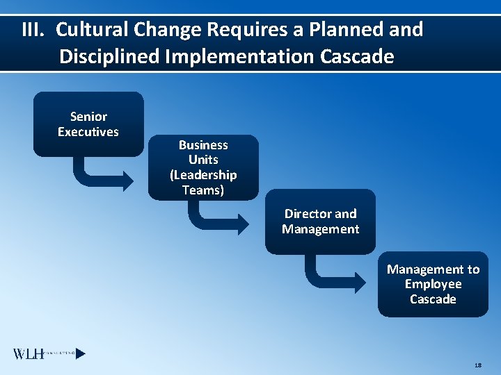 III. Cultural Change Requires a Planned and Disciplined Implementation Cascade Senior Executives Business Units
