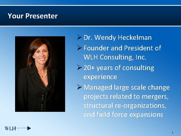 Your Presenter Ø Dr. Wendy Heckelman Ø Founder and President of WLH Consulting, Inc.