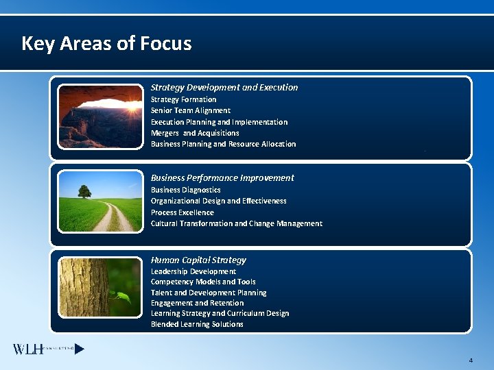Key Areas of Focus Strategy Development and Execution Strategy Formation Senior Team Alignment Execution
