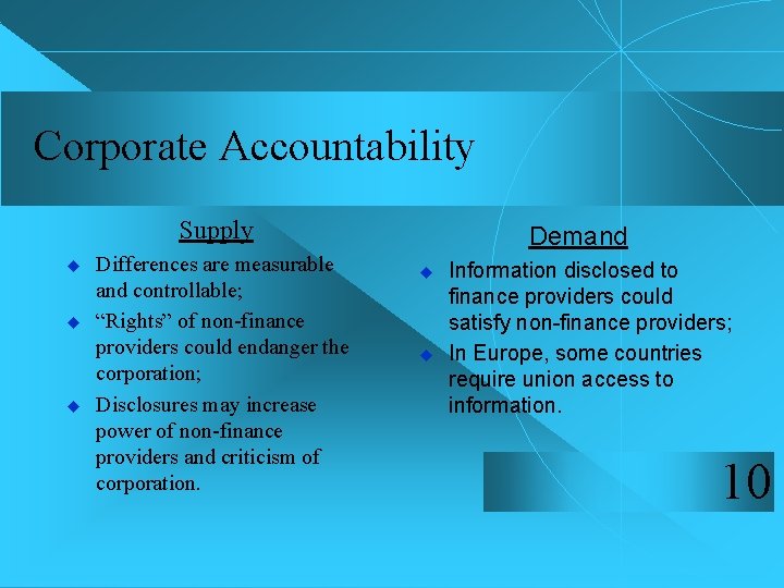 Corporate Accountability Supply u u u Differences are measurable and controllable; “Rights” of non-finance