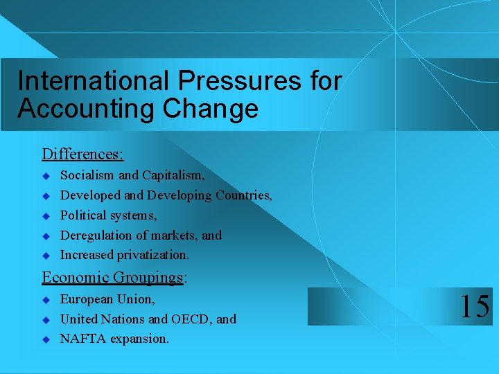 International Pressures for Accounting Change Differences: u u u Socialism and Capitalism, Developed and